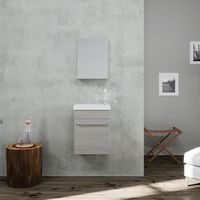 mueble suspendido ahorrador de espacio para bano gris efecto madera con espejo y lavabo  smart