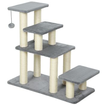 PawHut Escalera para Mascotas Ajustable de 3/4 Peldaños Escalera para Gatos con Postes Rascadores Bola Colgante Gris