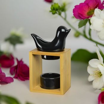 Quemador de aroma bambú y pájaro en cerámica negra - h15cm