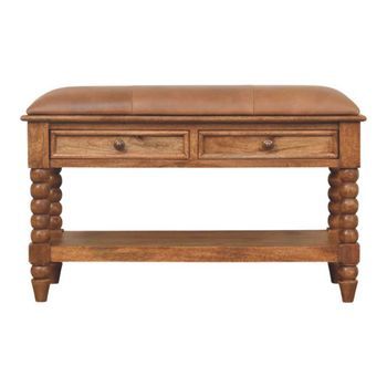 Banco De Madera Maciza, Mueble Artesanal De Cuero Con Husillo