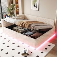 cama de 140 x 200 cm con iluminacion led 2 puertos usb respaldo en l de suave tejido de terciopelo y estructura hidraulica en color beige