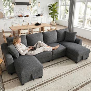 Sofá Modular En Forma De U - Mueble Para Salón - Chenilla - Gris (280x137x84cm)