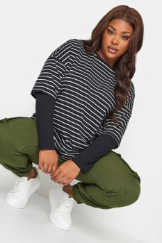 Yours Camiseta Negra De Rayas Efecto Doble Capa, Mujer Curvy Y Tallas Grandes, Yours
