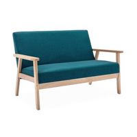 sofa o banco con tela y patas de madera 2 plazas azul esmeralda