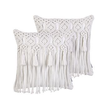 Conjunto De 2 Cojines De Algodón Con Relleno Macramé Patrón Boho Borlas 45 X 45 Cm Blanco Bamian