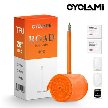 Cámara de aire para bicicleta 700C CYCLAMI, súper ligera, para bicicleta de carretera, neumático ultraligero de TPU, longitud de 45, 65 y 85 mm, válvula FV, color naranja, válvula Presta.
