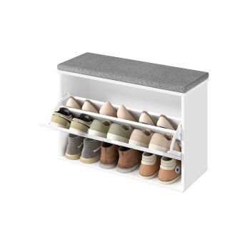 Banco zapatero acolchado con cajón abatible y varios niveles, Blanco Nube + Gris Paloma / 80A cm