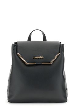 mochila estructurada con solapa efecto piel con esquinas metálicas black