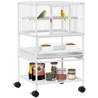 pawhut jaula para pajaros con paneles acrilicos comederos soporte ruedas y estante inferior 48x46x83 cm