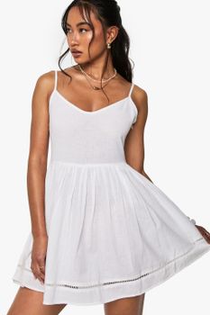 Vestido Mini De Lino Con Tirantes Y Ribete De Croché, Blanco