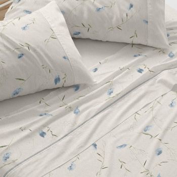 Juego De Sábanas 50% Algodón Diseño Botánico Natural Azul 135 X 190/200 Cm - Azul - Burrito Blanco