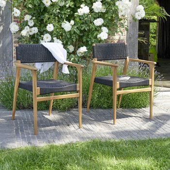 2 Sillones De Jardín De Madera Teca Maciza Y Cuerda Negros