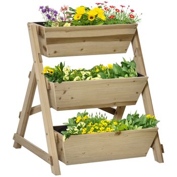 Outsunny Jardinera de Escalera de 3 Pisos Maceteros de Madera con Tela no Tejida y Orificios de Drenaje Huerto 71x61x77 cm Natural   Aosom España