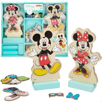 WOOMAX Disney - Figuras de madera, de Mickey, Minnie, 54 piezas, juega y aprende, ecológico, puzle, magnético, creatividad, vestidos, aprendizaje, mayores de 3 años