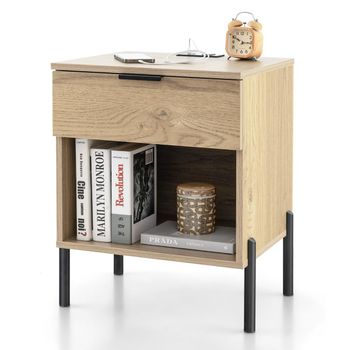 Costway Mesitas de Noche Inteligentes con Cargador Cajón y Estante Mesa Auxiliar Salon Dormitorio 45 x 40 x 58cm Natural