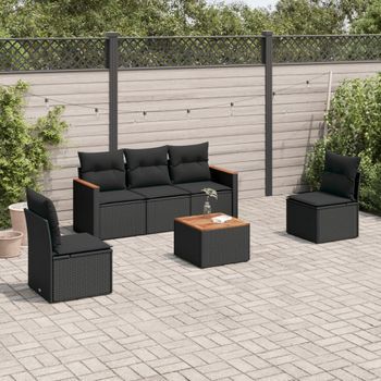 Conjunto De Sofás De Jardín 6 Uds | Mueble Jardin Mesa Y Sillas Y Cojines Ratán Sintético Negro Cfw188366