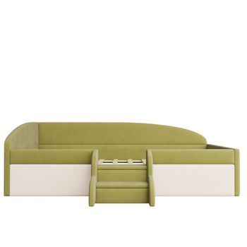 Cama Multifuncional 90x190cm - Con Escaleras Y Barreras - Terciopelo Suave - Verde Oscuro + Blanco Crema