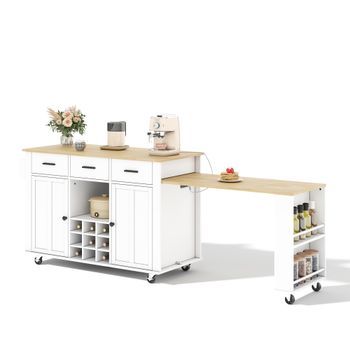 Isla De Cocina Con Encimera Extensible, Enchufes Integrados Y Botellero, 136x50x93cm, Mdf, Carrito De Cocina Blanco Y Roble