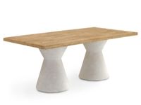 mesa de comedor en madera de abeto y base de poliresina blanca