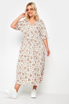 Limited Collection Vestido Midaxi Blanco De Flores Rosadas, Mujer Curvy Y Tallas Grandes, Limited Collection