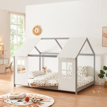 Cama Para Niños Tostedt En Forma De Casita 120x200 Cm - Gris/blanco [en.casa]
