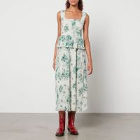 ganni pleated floral-print smocked crepon midi dress - eu 42uk 14