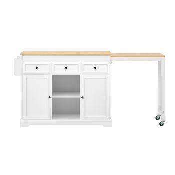Isla De Cocina Móvil Extensible Mdf 124,3×45×92 Cm, Ruedas Con Freno, Cajones Y Armarios, Encimera Color Madera Natural, Estructura Blanca