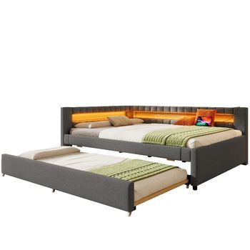 Cama Nido Tapizada De Lino Con Cama Extraíble Y Led, 212 X 150 Cm, Gris