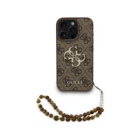 guess funda para iphone 16 pro max  carcasa de polipiel marron con logo 4g clasico y correa de perlas diseno elegante y ajuste preciso