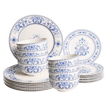 Vajilla De 24 Piezas De Porcelana Acabado Esmaltado Con Diseño Abstracto Para 8 Personas Comedor Cocina Blanco Y Azul Galangal