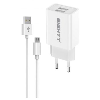 Eightt ECW-M Cargador Smartphone 2x USB-A con Cable Micro USB Blanco