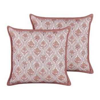 Conjunto De 2 Cojines De Algodón Rojo Claro Blanco 45 X 45 Cm Floral Flecos Picea