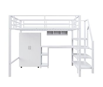 Cama alta de metal de 140x200 cm - con escritorio, armario y escalera de almacenaje - blanco