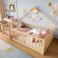 cama infantil 90x190 cm forma de casita madera de pino natural con barrera