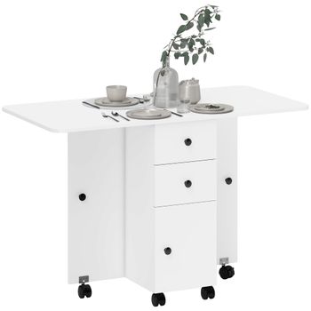 HOMCOM Mesa Plegable con Ruedas y Alas Abatibles Mesa Auxiliar Multifuncional con Almacenaje 120x60x76,5 cm Blanco   Aosom España