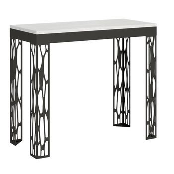 Consola Extensible De Diseño En Madera Y Acero Antracita Kiza Evolution-color Blanco-soporte 2 Pies-alargaderas 5 Extensiones
