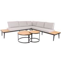 mobiliario de jardin con dos mesas auxiliares en madera de acacia marron patas de acero cojines claros cojines gris claro 040008305