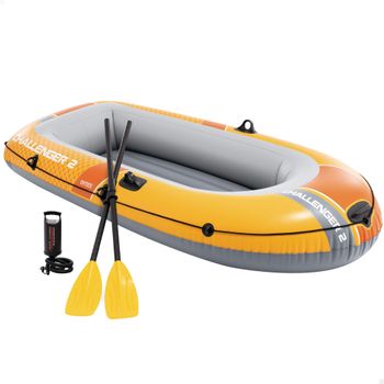 INTEX - Barca hinchable, modelo Challenger, incluye remos, soportes para remos, bomba de inflado manual, parche reparación, 3 cámaras de aire independientes, cuerda de agarre, ideal para aguas