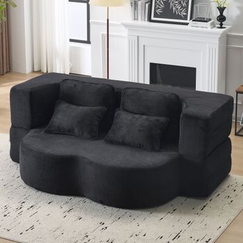 Sofá Cama De Suelo - Mueble Para Salón - Terciopelo Y Espuma - Negro (198x60x76cm)