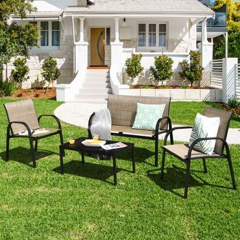 Juego De Mesita Y Sillón Y Banco Muebles De Patio Mesa De Centro Mesita De Jardín De Hierro Y Tela De Malla Para Terraza Exterior Marrón