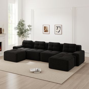 Canapé Modular De 4 Plazas Con Chaise Longue En U, Revestimiento Pana, Acolchado, Cómodo, Antideslizante, Negro, Sin Montaje