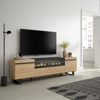 Mueble tv efecto madera roble y negro 200x35x57 chimenea efecto fuego