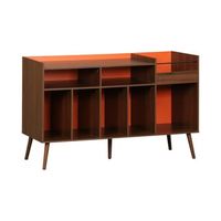 muebles de vinilo vintage bicolor con decoracion de madera oscura