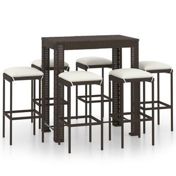 Set De Bar Para Jardín 7 Uds | Conjunto De Mesa Y Sillas Y Cojines Ratán Sintético Marrón