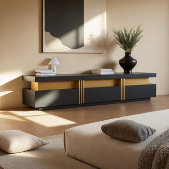 Mueble tv moderno efecto mármol negro dorado con tres cajones