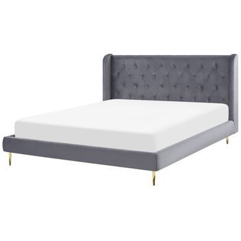 Cama Con Somier De Terciopelo Gris 180 X 200 Cm Cabecero Capitoné Moderno Forbach