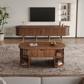Conjunto De Salón De Dos Piezas: Mesa Elevable Y Mueble Tv Nogal