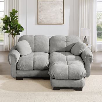 Sofá Modular De Chenilla De 2 Plazas, Gris Claro, Con Otomana Móvil