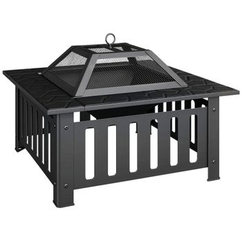Outsunny Brasero Exterior de Acero Cuadrado 67x67x47 cm Brasero Exterior Jardín con Atizador Tapa de Malla para Fiesta Negro