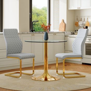 Conjunto De Mesa Y 2 Sillas - Mueble De Comedor - Cristal Y Metal - Gris Oro (85x85x76cm)
